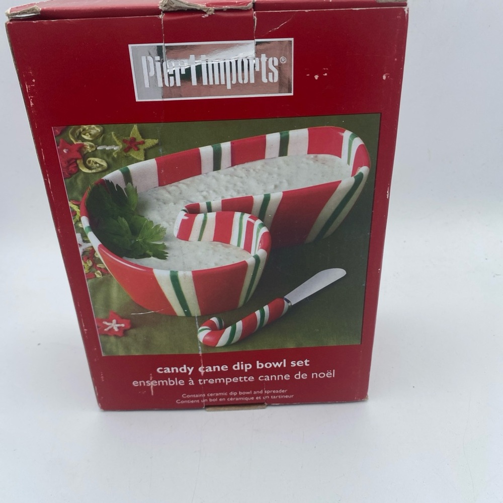 Pier 1 Imports  Candy Cane  Dip Bowl And Spreader Set ceramic New Open Box